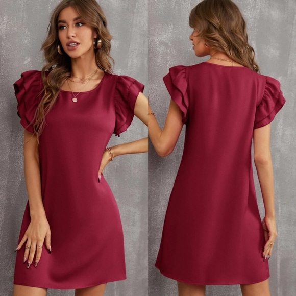 Ruffle frill layered short sleeve tunic dress business casual cocktail baby blue - Picture 2 of 11